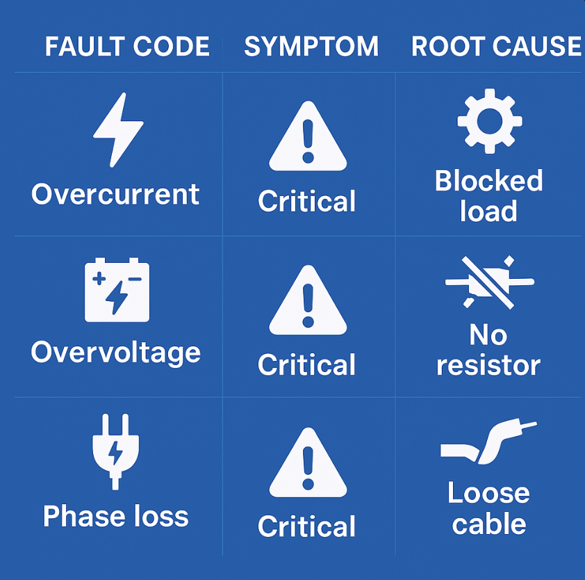 icon grid for different vfd fault codes and their root issues.