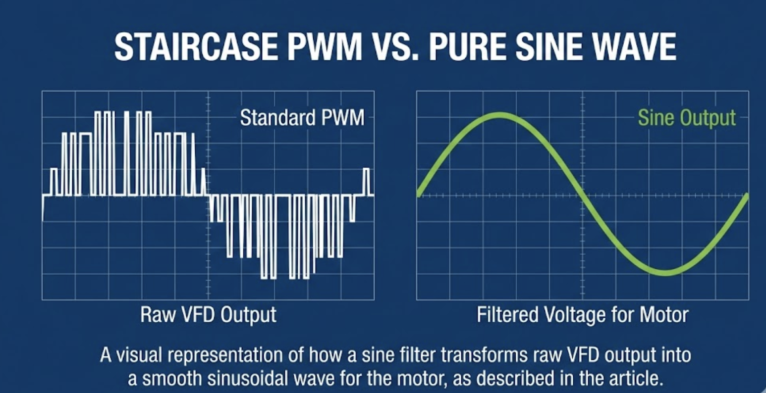 Technical diagram comparing a jagged PWM voltage waveform with a smooth sinusoidal waveform, illustrating the effect of a sine filter.