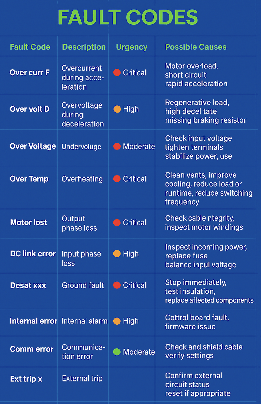 infographic of VFD fault codes and how to solve them